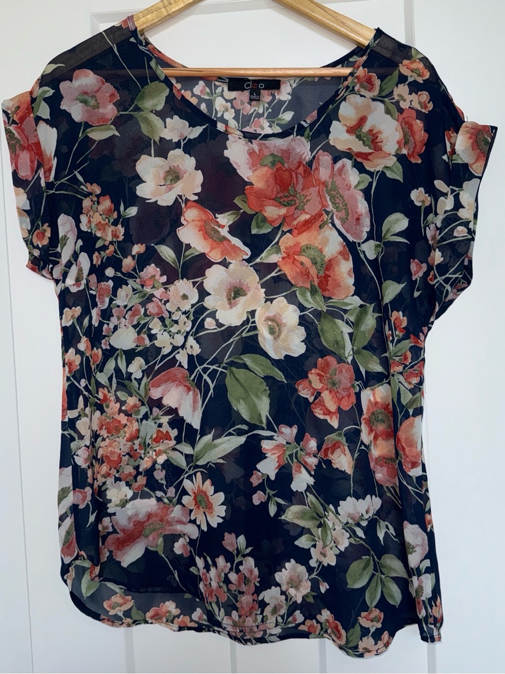cleo Floral Short Sleeve Blouse - Black with Coral & Green